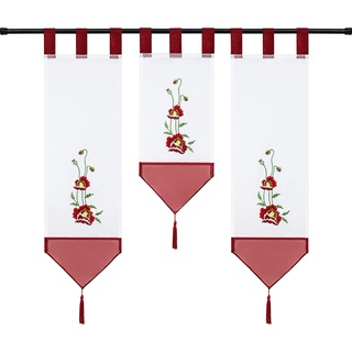 Joyswahl Voile Scheibengardine Miniflächenvorhänge mit Schlaufen Küchengardine mit Folral Stickerei Muster 3er Set Kurzstore Bistrogardine Rot (20 cm breit, 1 x 50 cm Länge und 2 x 70 cm Länge)