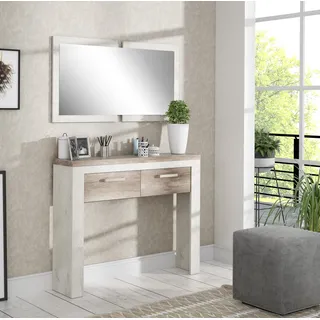 Forte Duro Garderobenset 110 120, Garderobenset mit 2 Schubladen, Garderobe Landhausstil, Flurschrank, Holzwerkstoff, Pinie Weiß/Antikeiche Holzdekor, 115 cm breit x 176 cm hoch x 25,8 cm tief