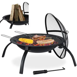 Relaxdays XL Feuerschale, Grill Rost, Schürhaken, Funkenschutz Deckel, Garten, Terrasse, Feuerstelle D 56,5 cm, schwarz