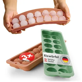 Blumtal Eiswürfelformen Silikon 3er Set - 14er Eiswürfelform mit Deckel - BPA-freie Silikon Eiskugelform -Silikonform Eiswürfel rund - Ice Ball Maker - Olivgrün + Olivgrün + Mineral Rot