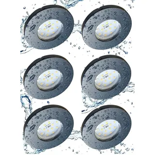 Trango 6er Set 6729IP65-061MO IP65 LED Einbaustrahler in Anthrazit matt inkl. 6x 5 Watt 3000K warmweiß Ultra Flach LED Modul für Bad Einbauspots, Dusche Deckenstrahler, Deckenlampe, Badleuchte