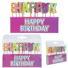 Bild Geburtstags-Kerzen Set "Happy Birthday", farbenfroh bunt gemusterte Buchstaben-Kerzen, als Dekoration für Kuchen oder Torte