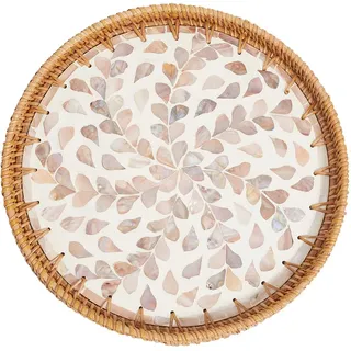 CREATCABIN Rundes Rattantablett Gewebtes Serviertablett Rattan Holzsockel Handgewebter Korb Dekorativer Weidenkorb Organizer Tablett Für Tischdekoration Aufbewahrung Präsentation Frühstück 30x30x2.8cm