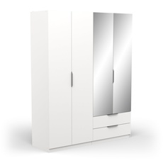 Bild von Kleiderschrank »Drehtürenschrank, 3 Türen, 2 Schubladen, 1 Spiegel & 4 5 Einlegeböden – Farbe weiß matt – 157,3 x 51,1 x 203 cm, Holzwerkstoff