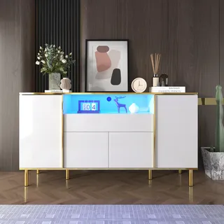 Merax Sideboard hochglanz mit LED-beleuchtung, Kommode mit goldenen Rahmen, Anrichte mit 4 Türen, Sideboard Schrank 150x40x80cm, Weiß - Weiß