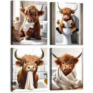 dazzlewall 4 Stück Lustige Highland Cow Wandbilder, Rustikale Kuh Leinwand Bilder für Badezimmer Toiletten Deko 8x10 Zoll Ungerahmt