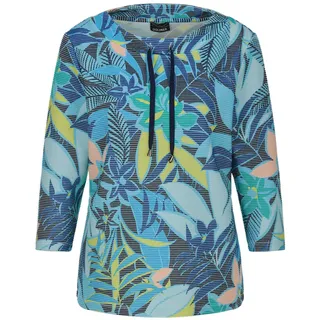 Sweatshirt GOLDNER "Druckpullover mit Dschungel-Design", Damen, Gr. 42, blau (blau, grün, gemustert), Obermaterial: 50% Baumwolle CO. 47% Polyester PES. 3% Elasthan EL., gerade, U-Boot-Ausschnitt, Sweatshirts Sweatshirt, Zierband am Ausschnitt