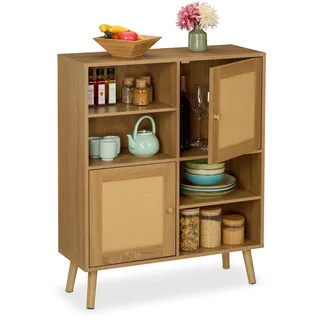 Relaxdays Sideboard, 2 Rattan-Türen, 4 offene Fächer, 2 Schrankfächer, 97x80x25 cm, Wohnzimmer, Küche, Kommode, Natur