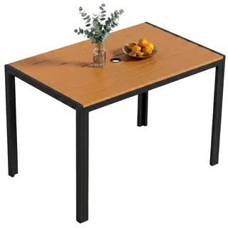 Clevich Gartentisch 110x70x73cm mit 4cm Schirmloch, WPC Tischplatte in Holzoptik, Aluminium Rahmen, wetterfester Balkontisch für 4 Personen, Teakbraun