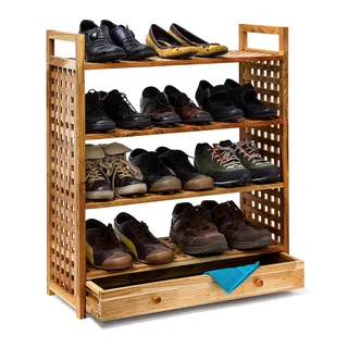 Relaxdays Schuhregal Walnuss mit Schublade 4 Böden für 12 Paar Holz Schuhschrank natur