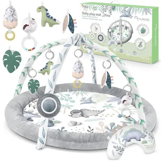 nukido Spielbogen Baby Interaktiv - 5in1 Krabbeldecke Spielmatte - Krabbelmatte Laufstall Babynestchen für Neugeborene mit Bauchzeit-Kissen - 2 Bögen mit 7 Sensorik-Spielzeugen - 56 cm Grau
