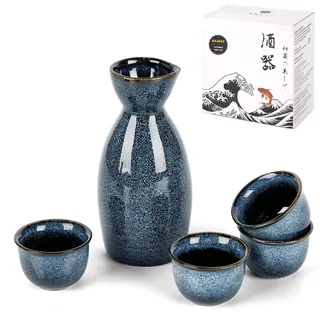 DUJUST 5-teiliges Japanisches Sake-Set, Porzellansake-Set mit feuerveränderter Glasur, 1 Flasche, 4 Tassen & 1 Geschenkkasten, warmer Karaffe, besonderes Japanisches Geschenkset - blau