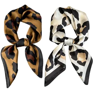 2 Stück Halstuch mit Leoparden Animal Print Muster, Halstuch Damen Satin, Weiches Quadratisches Tuch in Seidenoptik, 70x70cm