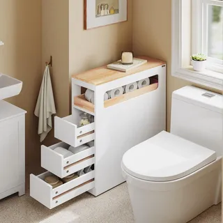 SoBuy Badezimmerschrank mit Rollen Schmal Badschrank mit 3 Schubladen Kompakte Kommode aus Holz Nischenschrank für kleine Bäder WC en Küche BZR54-II-W - Weiß