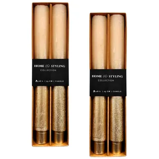 4er Set breite Stabkerzen ca. 3 x 25 cm Rustikale Kerze mit Zapfenfuß, Antik Look, zweifarbig in Creme - Gold