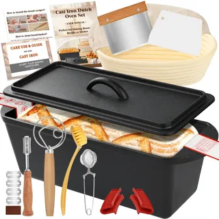 NZQXJXZ 35cm Brotbackform mit Deckel, Gusseisen Topf Dutch Oven Gusseisenpfanne für Brot Backen, Banneton Brot Gärkorb Sauerteig Brotbacken Zubehör für Laib Form, Toast Brotbackform Eckig