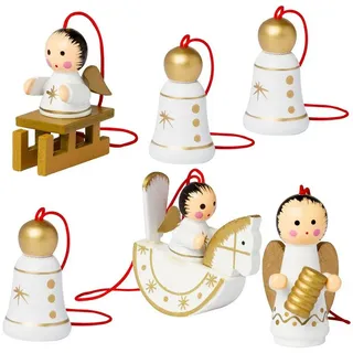 Brubaker 6-teiliges Set Christbaum Anhänger Engel und Weihnachtsglocken - Natürlicher Holz-Baumschmuck handbemalt für den Weihnachtsbaum - Weihnachtsanhänger