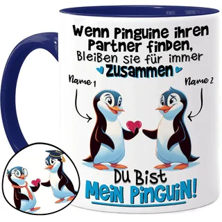 Tassenliebling® Paar Tasse personalisiert - Blau - Wenn Pinguine ihren Partner finden - Süßes Pärchen Geschenk für ihn zum Jahrestag - Liebesgeschenke Freund Ehemann - Valentinstag - 330ml Keramik