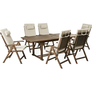 BELIANI Gartenmöbel Set Dunkelbraun und Taupe Akazienholz 7-Teilig Ausziehtisch mit 6 Stühlen 6 Auflagen Klappbar Verstellbar Modern Terrasse - Braun, Beige