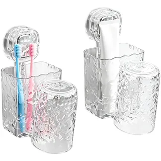 MAIJIAJU 2 Stück Saugnapf Zahnbürstenhalter, Transparent Wand Ohne Bohren | Kunststoff Organizer Mit Zahnputzbecher, Ablauf Für Elektrische Zahnbürsten, Max 3 KG Für Bad Und Küche