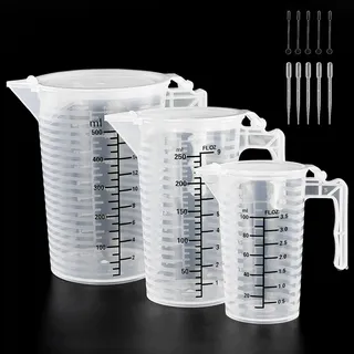 3-teiliges Messbecher-Set, 100 ml, 250 ml, 500 ml, transparenter Kunststoff, Messbecher mit Deckel, 3 x 3 ml Pipetten, 3 x Rührstäbchen für Küche, Kochen, Backen