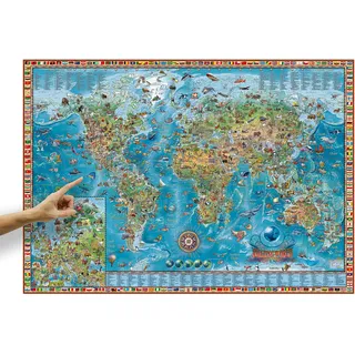 ORBIT GLOBES & MAPS Kinder-Weltkarte "Amazing World" mit Tieren und Flaggen im Poster-Format XXL 138 x 98 cm, englisch, mit aufschlussreicher Legende, Deko-Landkarte für Kinderzimmer