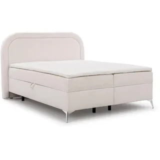 S-Style Boxbett Sonna 180/200 cm Weiß Bouclé-Stoff mit abgerundetem Kopfteil und mit silbernen Metallfüßen , Weiß, Silberfarben , Echtholz, Teilmassiv,Birke, Buche , H3 , 180x200 cm , FSC Mix, Oeko-Tex®, Hergestellt in Europa , Schlafzimmer, Betten, Boxspringbetten