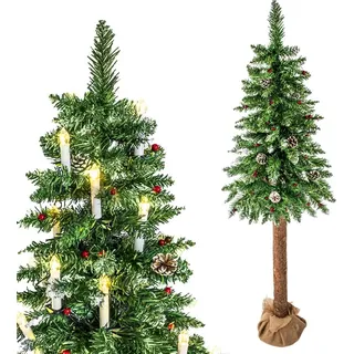 Künstlicher Weihnachtsbaum mit Holzstamm – 220 cm + Schnee & Dekoration - Grün, Weiß, Rot