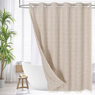 MitoVilla Boho-Bauernhaus-Duschvorhang mit Einrastfutter, Baumwoll-Leinen-Stoff, Duschvorhänge mit Quasten für rustikale neutrale Badezimmer-Dekoration, Hellbraun/Taupe, 72 x 74 cm
