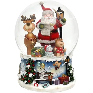 XXL Schneekugel, Santa mit lustigem Elch, mit Spielwerk, Melodie: Rudolph the red-Nosed Reindeer, Maße L/B/H: 15 x 15 x 20 cm Kugel Ø 15 cm.