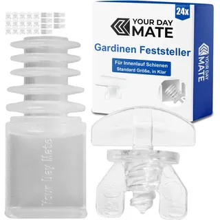 Gardinen Feststeller Set, 24 Stück, Transparent, Kunststoff, 2 Varianten, Gardine Stopper für Schienensysteme mit Innenläufen, Zwischenfeststeller Vorhangschiene, Endstopfen Schiene, Endfeststeller