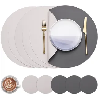 Myir JUN Tischsets 6er Set, Tischsets Abwaschbar Platzsets Rund Ø 38cm Platzdeckchen Rund Doppelseitigen rutschfest Platzsets Kunstleder Leder Tischset Lederoptik (Grau Beige, 6er Set)