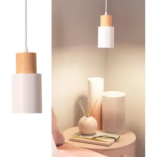 "KIRA" Pendelleuchte aus weißem Metall und Holz – skandinavischer und moderner Stil E27