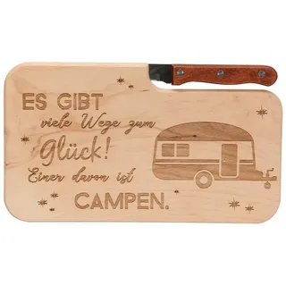 Spruchreif | Holz- Brotzeitbrett mit Messer „Es gibt viele Wege zum Glück...“ | Geschenkidee für Camper & Outdoor-Fans | Perfekt für Frühstück, Brotzeit & Camping
