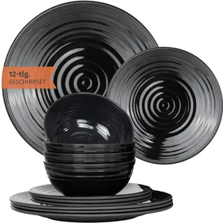 Moritz Camping Tafelgeschirr aus Melamin für 4 Personen 12-teilig | spülmaschinenfest | Picknick Geschirrset | Geschirr Campinggeschirr I Stone Dark Black Design