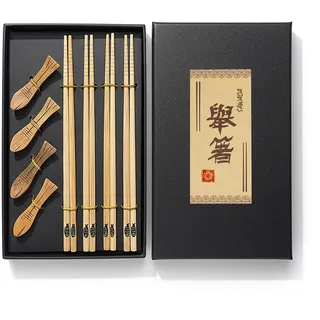 Japanische Essstäbchen in süßer Fisch Optik | Sushi Stäbchen | mit Stäbchen Bank | 12 teilig | Bambus | für 4 Personen