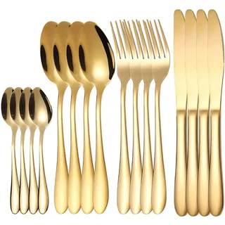 Besteckset 24 Teile, Gold, Edelstahl 18/10, Set für 6 Personen, Messer Gabeln Löffel Teelöffel, poliert - Gold