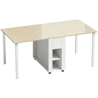 Homcom Klapptisch MDF Weiß Naturholz , Holz , Nachbildung,Kiefer , 2 Schubladen , Rechteckig , eckig , 85x73x168.2 cm , Esszimmer, Esstische