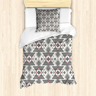 ABAKUHAUS Abstrakt Mantele, Geometrische Aztec Ethnic, Milbensicher Allergiker geeignet mit Kissenbezügen, 135 cm x 200 cm - 80 x 80 cm, Graue Perlen Pale Pink - Rosa