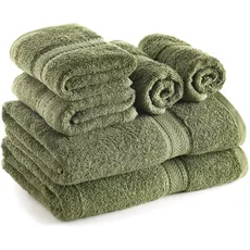 SweetNeedle Handtuch-Set, 6 Stück, 2 Badetücher, 2 Handtücher und 2 Waschlappen, täglicher Gebrauch, ringgesponnen, 100% Baumwolle, Olivgrün