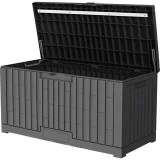 dobar® Auflagenbox 375 L aus Kunststoff - Gartentruhe witterungsbeständig in Holzoptik - abschließbare Gartenbox für Sitzauflagen, Kissen & Gartenzubehör - 123 x 58,5 x 62 cm - Anthrazit