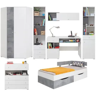 Deine Möbel 24 Jugendzimmer Simon 7-teilig Weiß/Grau , Weiß, Grau , Holzwerkstoff , 704x190x94 cm , Babymöbel & Kindermöbel, Kinderzimmer & Jugendzimmer, komplette Jugendzimmer