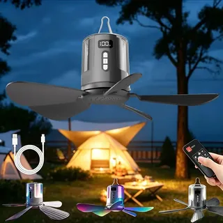 RIRIDAMAI Deckenventilator Akku mit Beleuchtung Camping, Aufladbar Deckenventilator mit Licht und Fernbedienung, USB, Timer, Mobiler Ventilator 10800mAh für Outdoor Außenbereich, Pavillon Terrasse