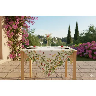 KAMACA Wiesenblumen und Schmetterlinge hochwertiges Druck-Motiv mit Blumen Garten, Outdoor, und Haus in Frühling Sommer Ostern und Frühlingstischdecke (Mitteldecke 85x85 cm)