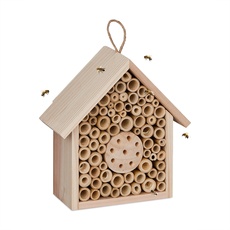 Relaxdays Bienenhotel, Holz, Insektenhotel Wildbienen, Garten, Balkon, zum Aufhängen, HxBxT: 20,5 x 19,5 x 8,5 cm, Natur