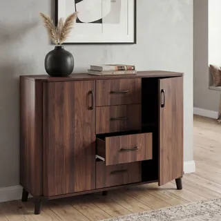 Mendler Kommode HWC-P42, Sideboard Schrank Anrichte, 4 Schubladen Staufächer 2 Türen, MDF 92x120x40cm ~ Waln
