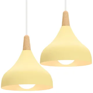 iDEGU 2 Stücke 20cm Hängelampe Retro E27 Hängeleuchte Moderne Tropfenförmig Hut Deckenleuchte aus Metall Holz Pendelleuchte für Schlafzimmer Esszimmer Küche (Hellgelb)