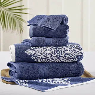 Modern Threads Amrapur Overseas | Artesia Damast 6-teiliges wendbares Garn gefärbtes Jacquard Handtuch-Set (Indigo)