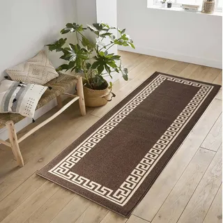 Serdim Rugs Teppichmatte, maschinenwaschbar, griechischer Stil, dreieckig, Diamant-Design, für Wohnzimmer, Küche, rutschfest, Schwarz/Grau, 120 x 160 cm Mäander 80x300cm(2'6" x9'10) braun