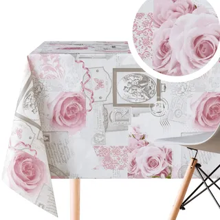 KP HOME Abwischbare PVC-Tischdecke mit romantischen englischen Rosen, 300 x 140 cm, 10 Sitze, abwischbar, wasserfestes Vinyl-Wachstuch, Vintage, Shabby-Chic, Altrosa Blumen auf Cremeweiß